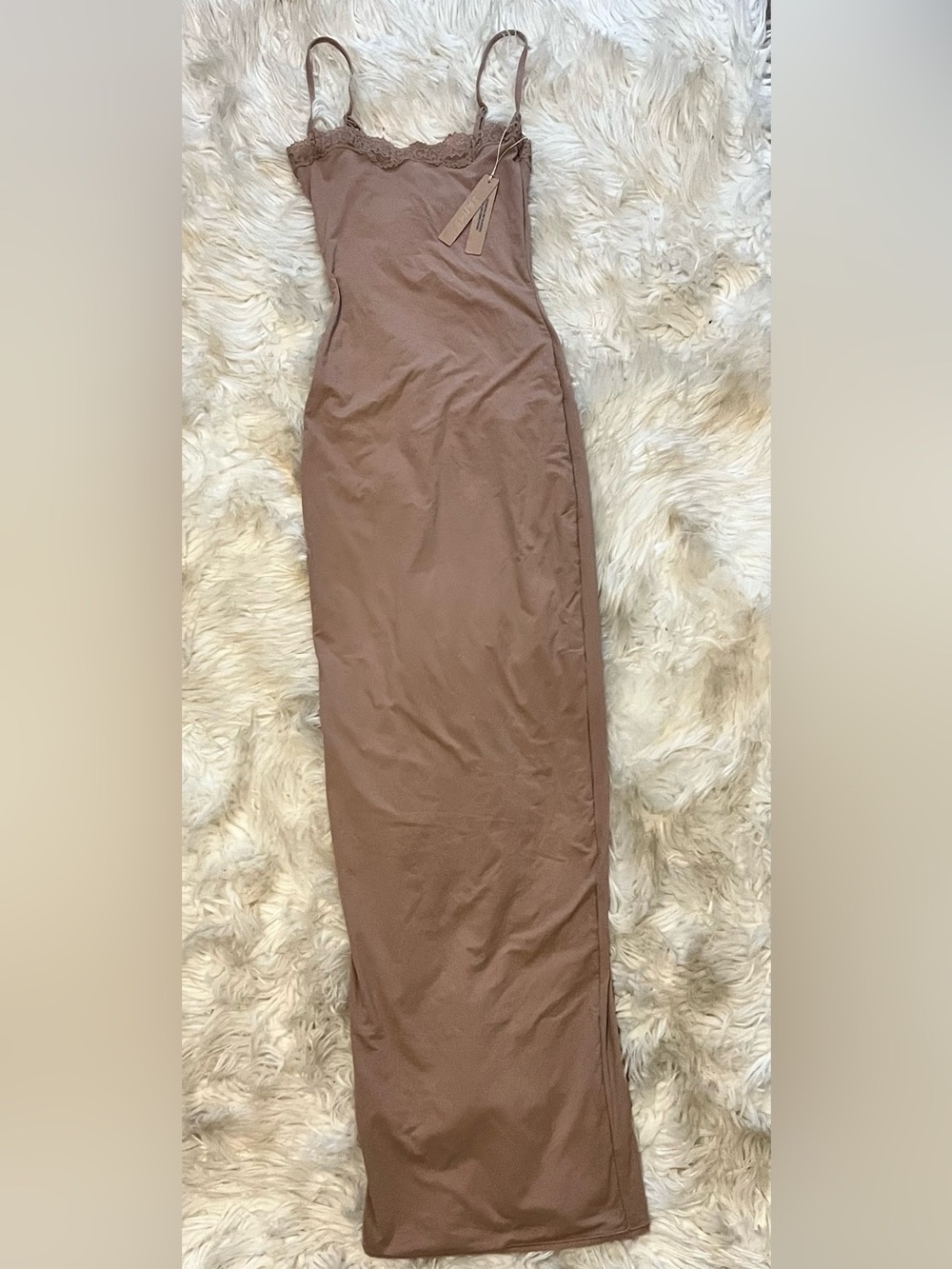 SKIMS Lace-Trim Maxi Slip Dress in Taupe